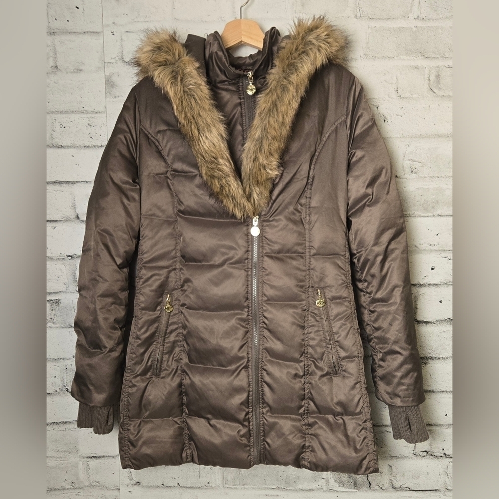 Betsey Johnson Brown Faux Fur Hooded Parka Leopard Lined Winter Coat L